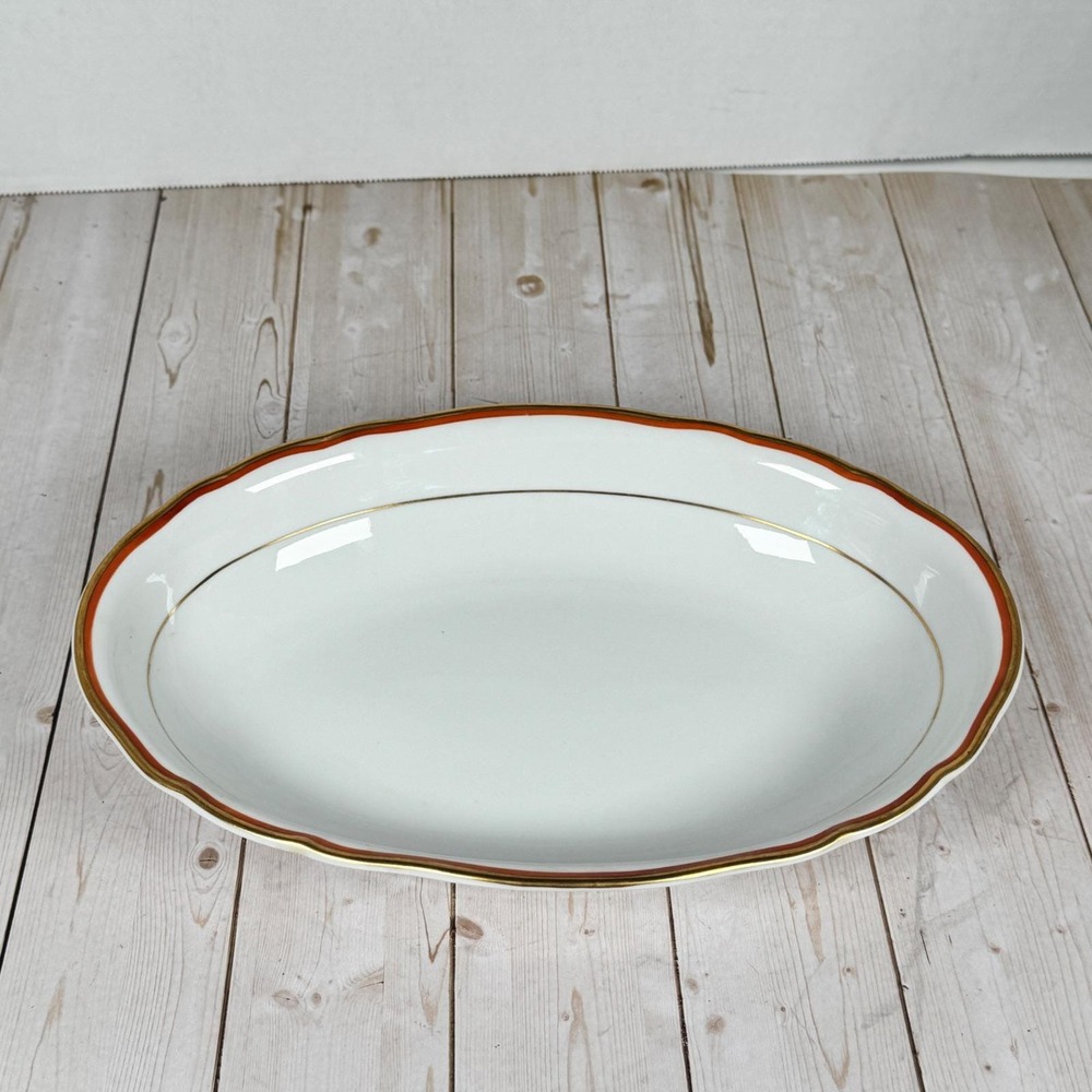 Meissen Orange Band Oval Vegetable Bowl Gold Trim Crossed Swords 10.5" x 7.5"